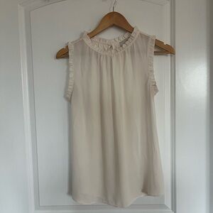 LOFT Cream Ruffled Blouse with Mandarin Collar